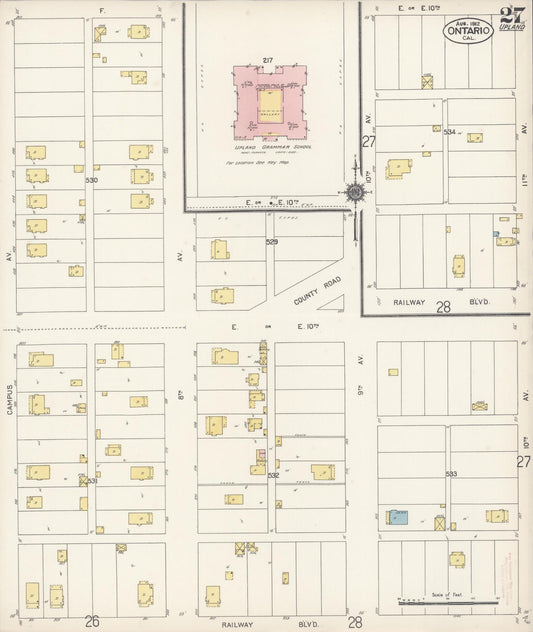 Sanborn Fire Insurance Map from Ontario, San Bernardino County, California (1912), Sheet #0027 - Historic Sanborn Fire Insurance Map Print, vintage old map wall art, antique decor, genealogy gift, California California map