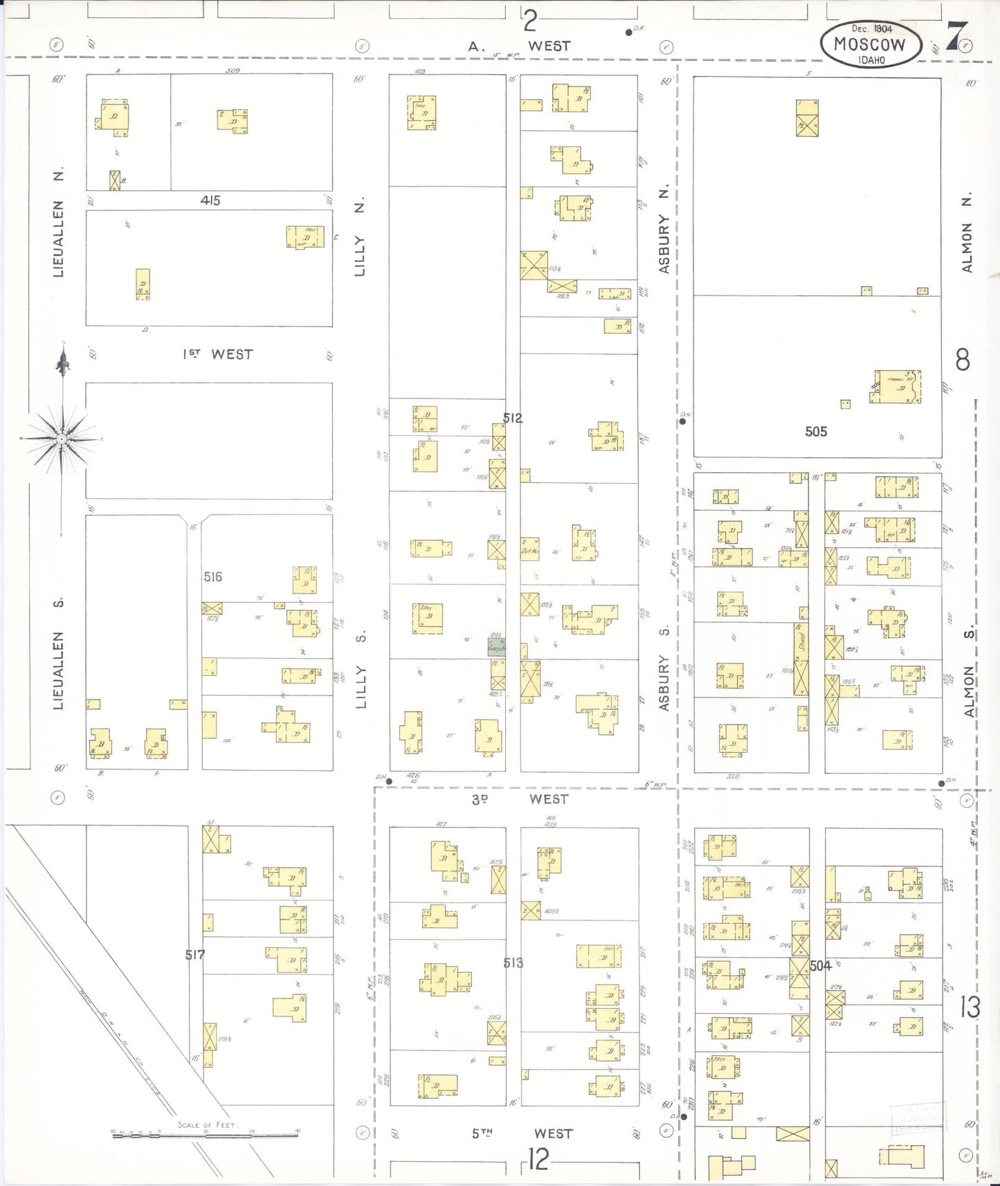 Sanborn Fire Insurance Map from Moscow, Latah County, Idaho (1904), Sheet #0007 - Historic Sanborn Fire Insurance Map Print, vintage old map wall art, antique decor, genealogy gift, Idaho Idaho map