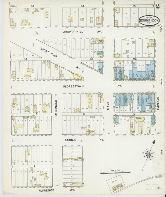 Sanborn Fire Insurance Map from Round Rock, Williamson County, Texas (1891), Sheet #0002 - Historic Sanborn Fire Insurance Map Print, vintage old map wall art, antique decor, genealogy gift, Texas Texas map