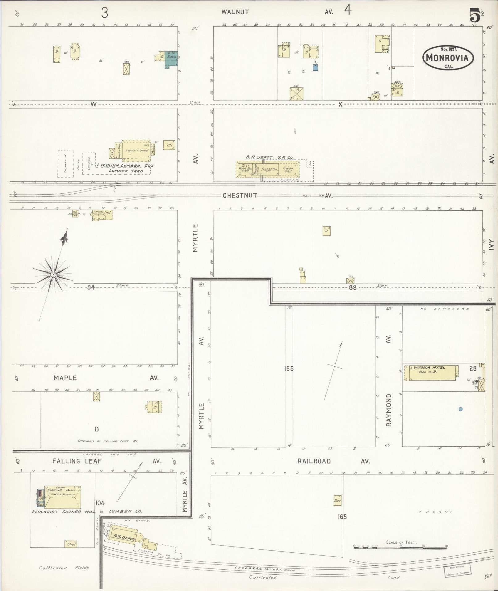 Sanborn Fire Insurance Map from Monrovia, Los Angeles County, California (1897), Sheet #0005 - Complete Map Set gallery image, historic Sanborn map, vintage wall art, California California