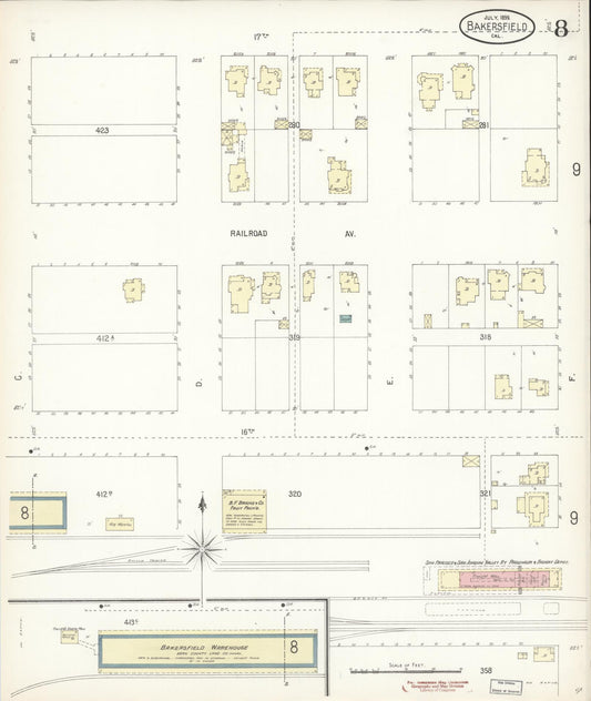 Sanborn Fire Insurance Map from Bakersfield, Kern County, California (1899), Sheet #0008 - Historic Sanborn Fire Insurance Map Print, vintage old map wall art, antique decor, genealogy gift, California California map