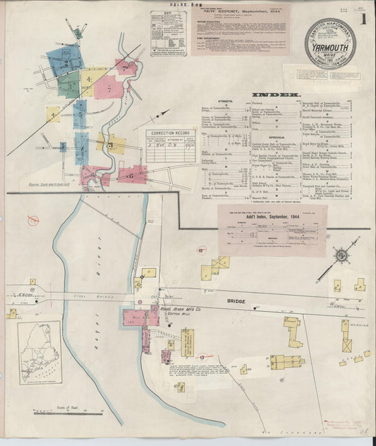 Sanborn Fire Insurance Map from Yarmouth, Cumberland County, Maine (1944), Sheet #0001 - Historic Sanborn Fire Insurance Map Print, vintage old map wall art, antique decor, genealogy gift, Maine Maine map