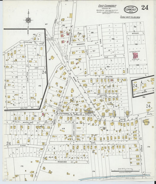 Sanborn Fire Insurance Map from Conneaut, Ashtabula County, Ohio (1919), Sheet #0024 - Historic Sanborn Fire Insurance Map Print, vintage old map wall art, antique decor, genealogy gift, Ohio Ohio map