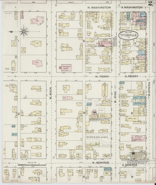 Sanborn Fire Insurance Map from Titusville, Crawford County, Pennsylvania (1887), Sheet #0002 - Historic Sanborn Fire Insurance Map Print, vintage old map wall art, antique decor, genealogy gift, Pennsylvania Pennsylvania map