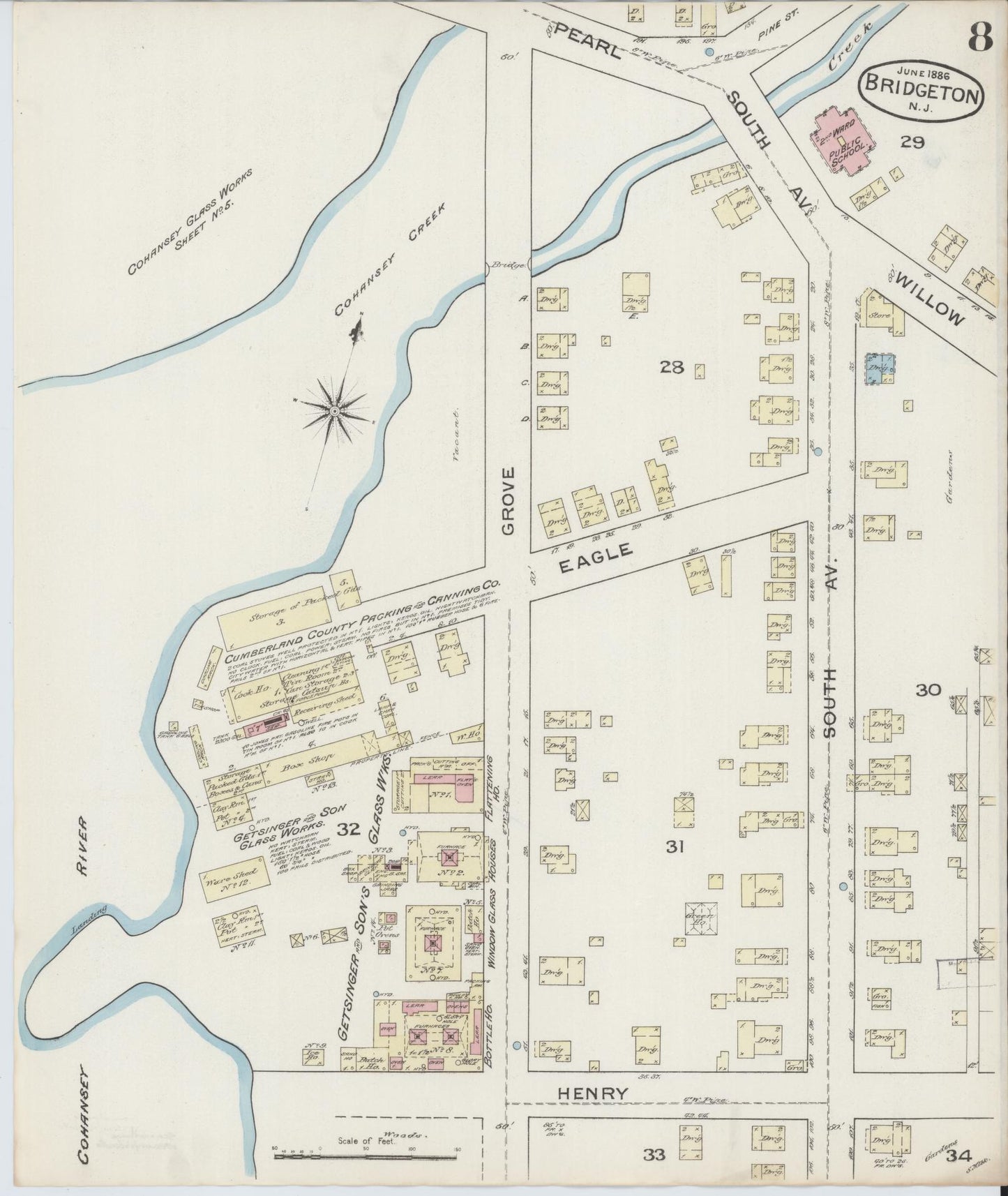Sanborn Fire Insurance Map from Bridgeton, Cumberland County, New Jersey (1886), Sheet #0008 - Complete Map Set gallery image, historic Sanborn map, vintage wall art, New Jersey New Jersey