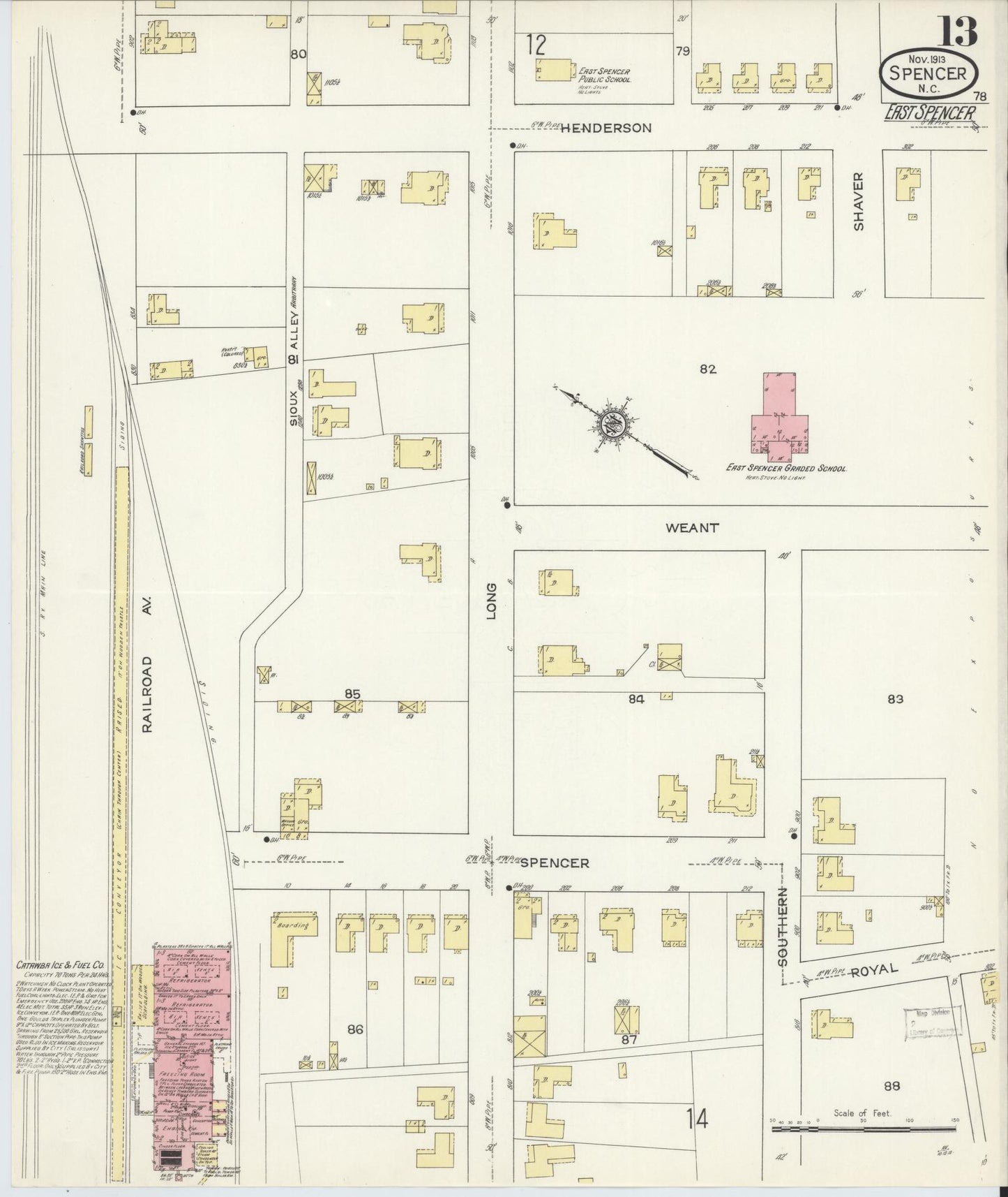 Sanborn Fire Insurance Map from Spencer, Rowan County, North Carolina (1913), Sheet #0013 - Complete Map Set gallery image, historic Sanborn map, vintage wall art, North Carolina North Carolina