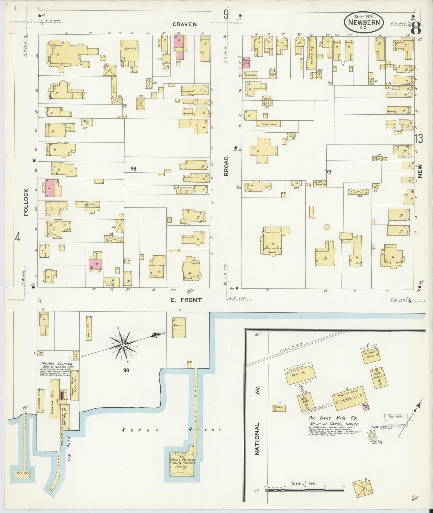 Sanborn Fire Insurance Map from New Bern, Craven County, North Carolina (1908), Sheet #0008 - Complete Map Set gallery image, historic Sanborn map, vintage wall art, North Carolina North Carolina