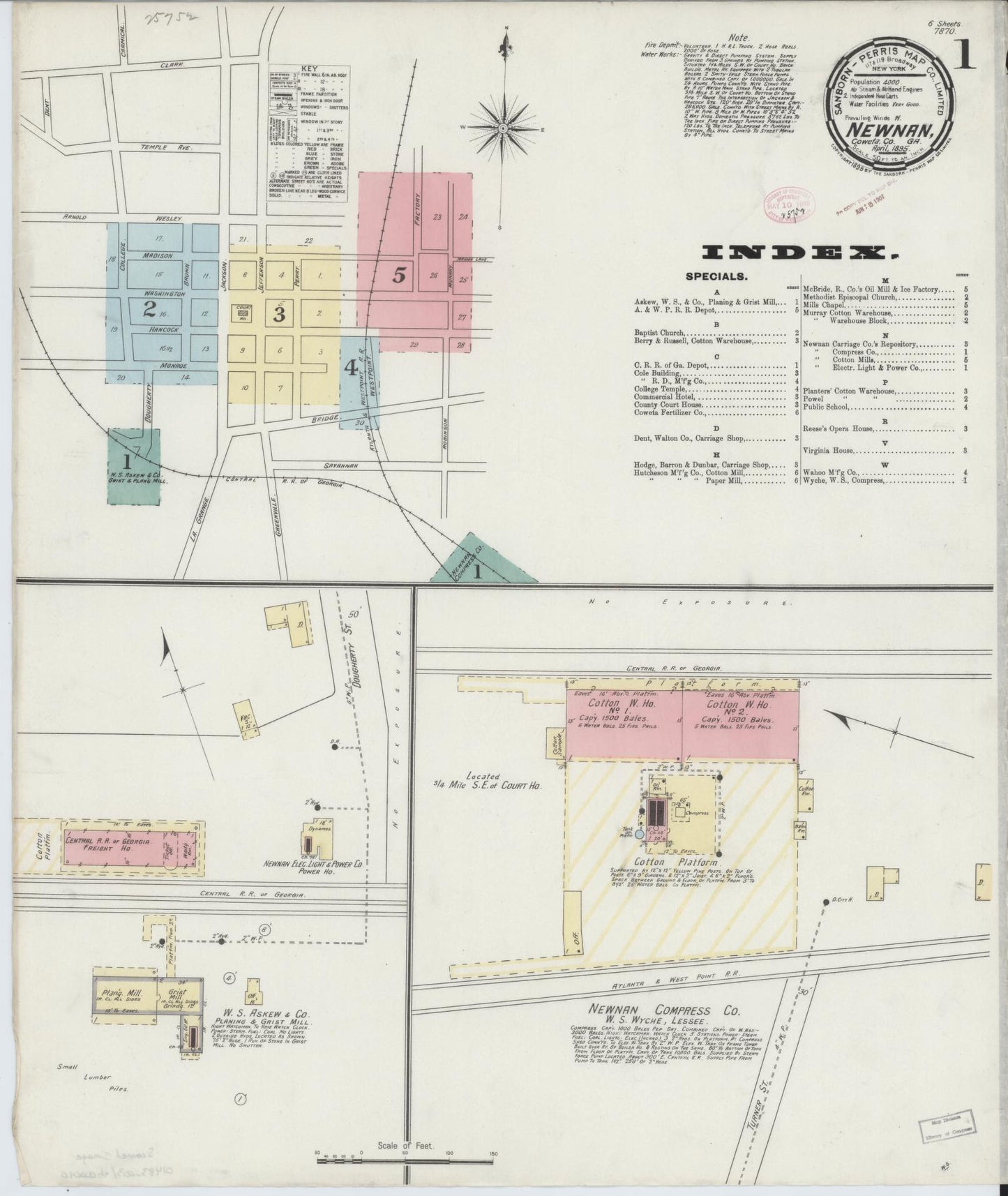 Sanborn Fire Insurance Map from Newnan, Coweta County, Georgia (1895), Sheet #0001 - Historic Sanborn Fire Insurance Map Print, vintage old map wall art, antique decor, genealogy gift, Georgia Georgia map