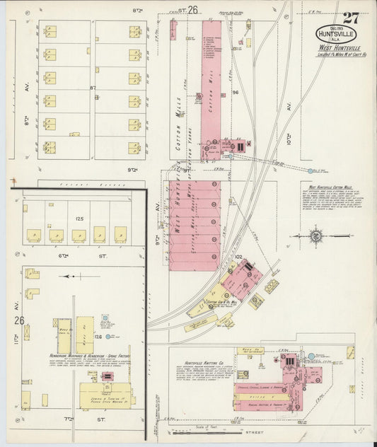 Sanborn Fire Insurance Map from Huntsville, Madison County, Alabama (1913), Sheet #0027 - Historic Sanborn Fire Insurance Map Print, vintage old map wall art, antique decor, genealogy gift, Alabama Alabama map