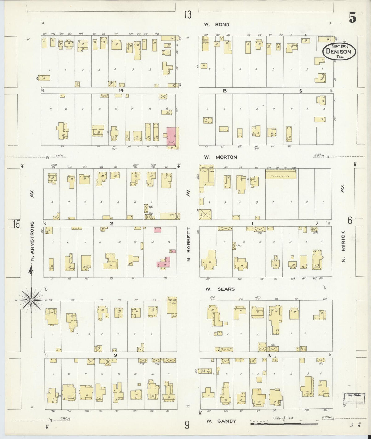 Sanborn Fire Insurance Map from Denison, Grayson County, Texas (1908), Sheet #0005 - Complete Map Set gallery image, historic Sanborn map, vintage wall art, Texas Texas