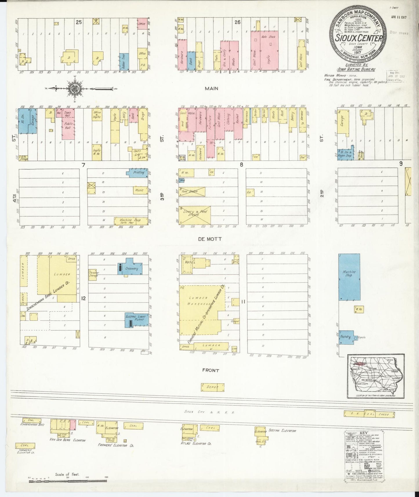 Sanborn Fire Insurance Map from Sioux Center, Sioux County, Iowa (1917), Sheet #0001 - Historic Sanborn Fire Insurance Map Print, vintage old map wall art