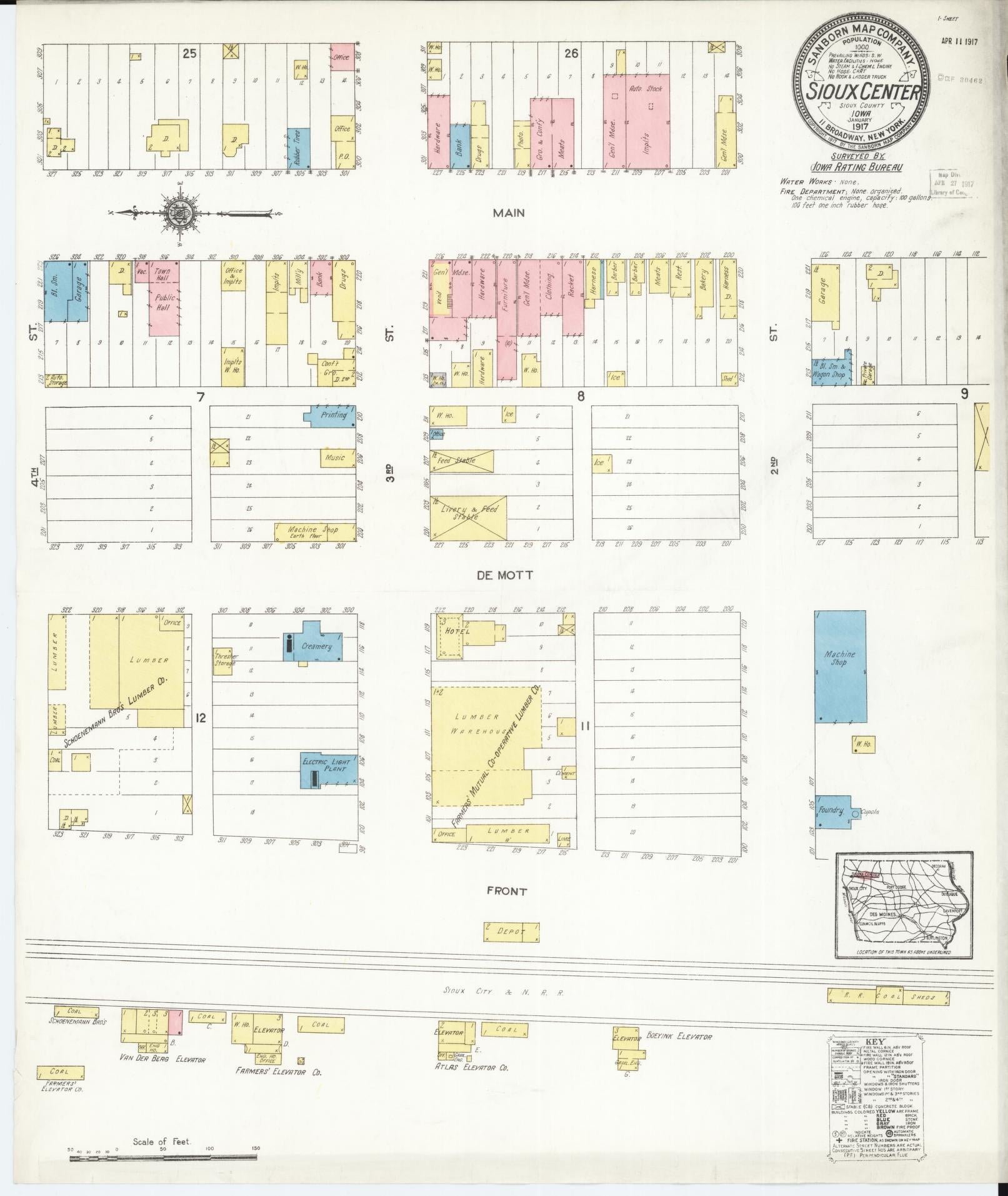 Sanborn Fire Insurance Map from Sioux Center, Sioux County, Iowa (1917), Sheet #0001 - Historic Sanborn Fire Insurance Map Print, vintage old map wall art