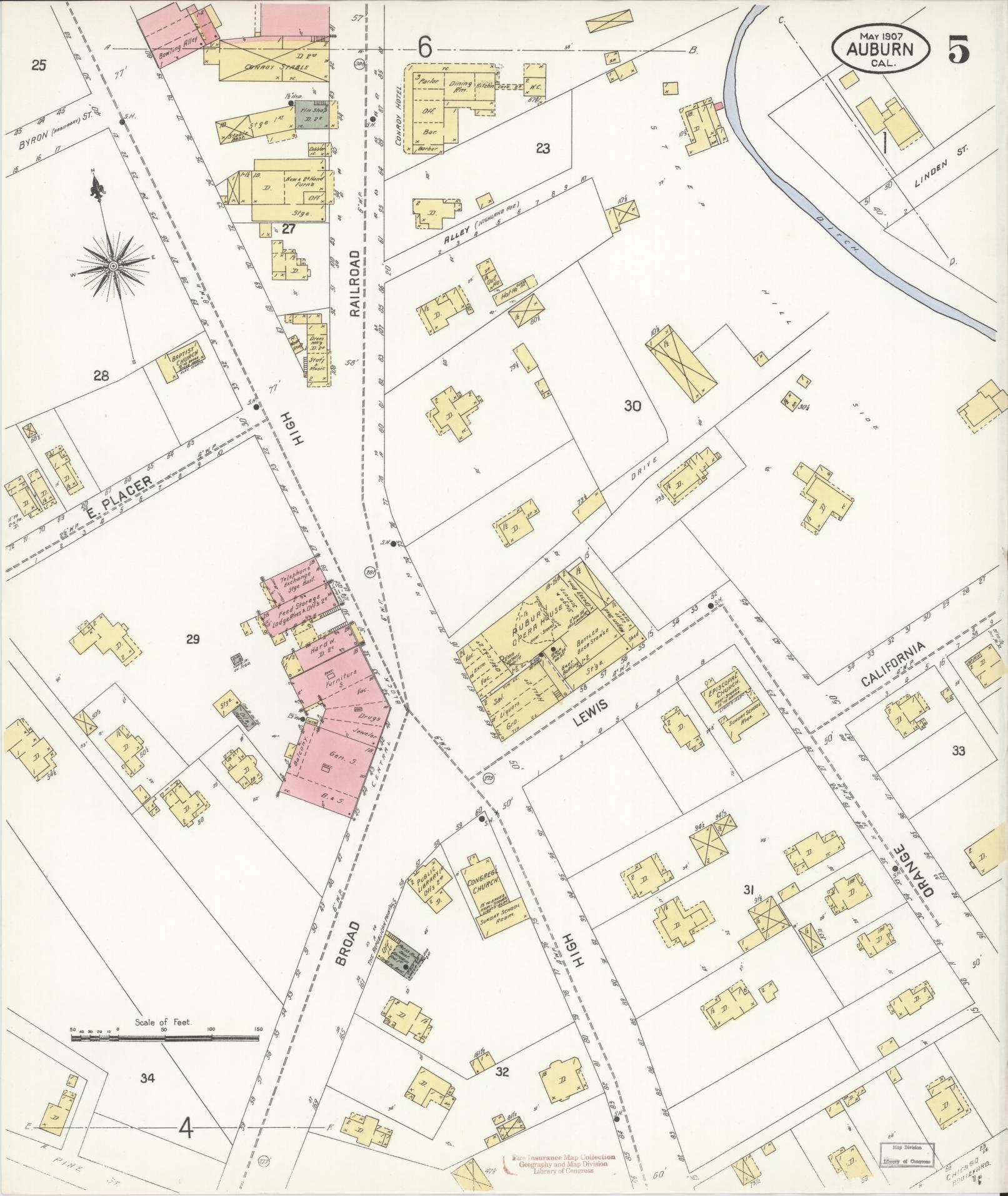 Sanborn Fire Insurance Map from Auburn, Placer County, California (1907), Sheet #0005 - Historic Sanborn Fire Insurance Map Print, vintage old map wall art, antique decor, genealogy gift, California California map