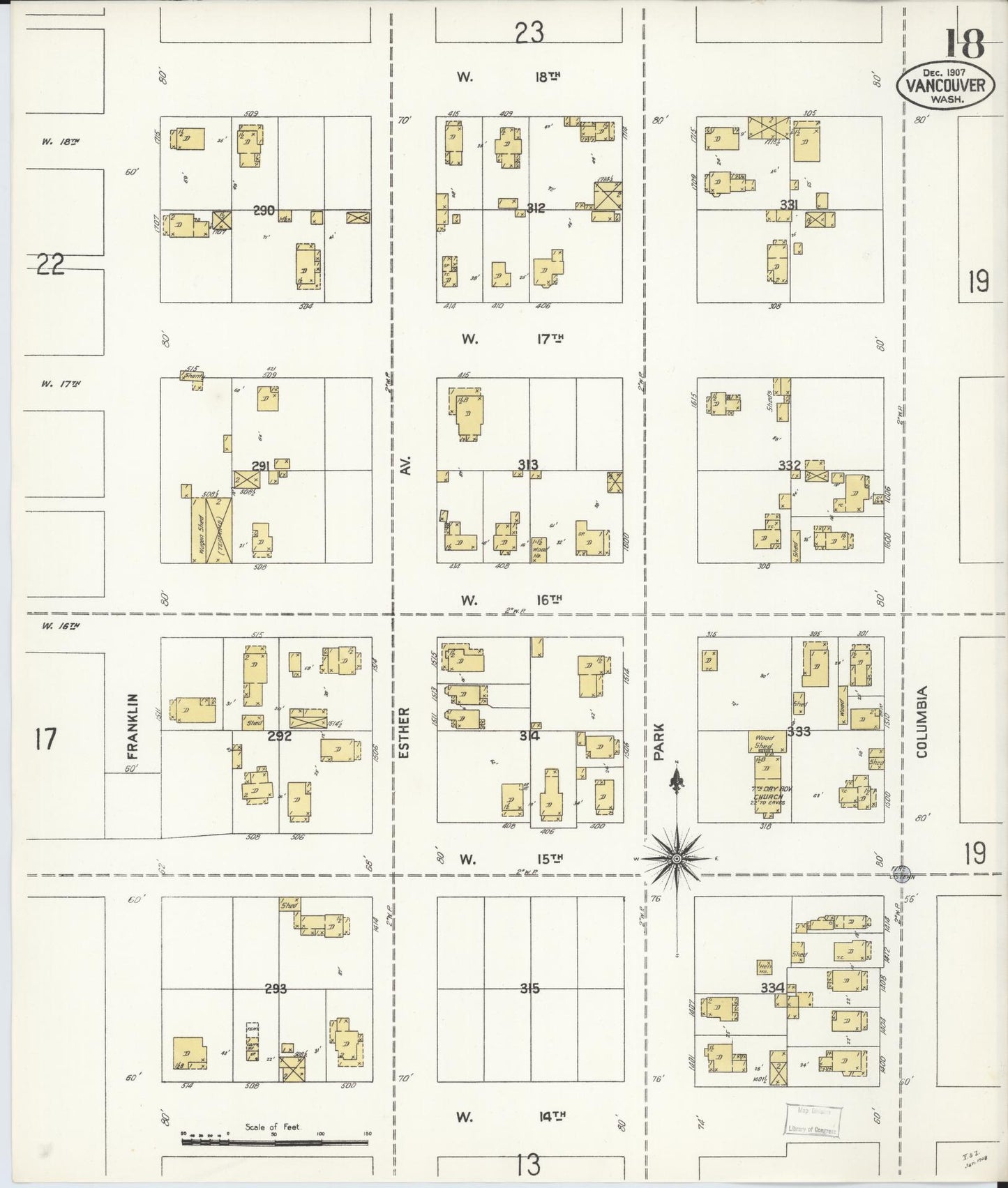 Sanborn Fire Insurance Map from Vancouver, Clark County, Washington (1907), Sheet #0018 - Complete Map Set gallery image, historic Sanborn map, vintage wall art, Washington Washington