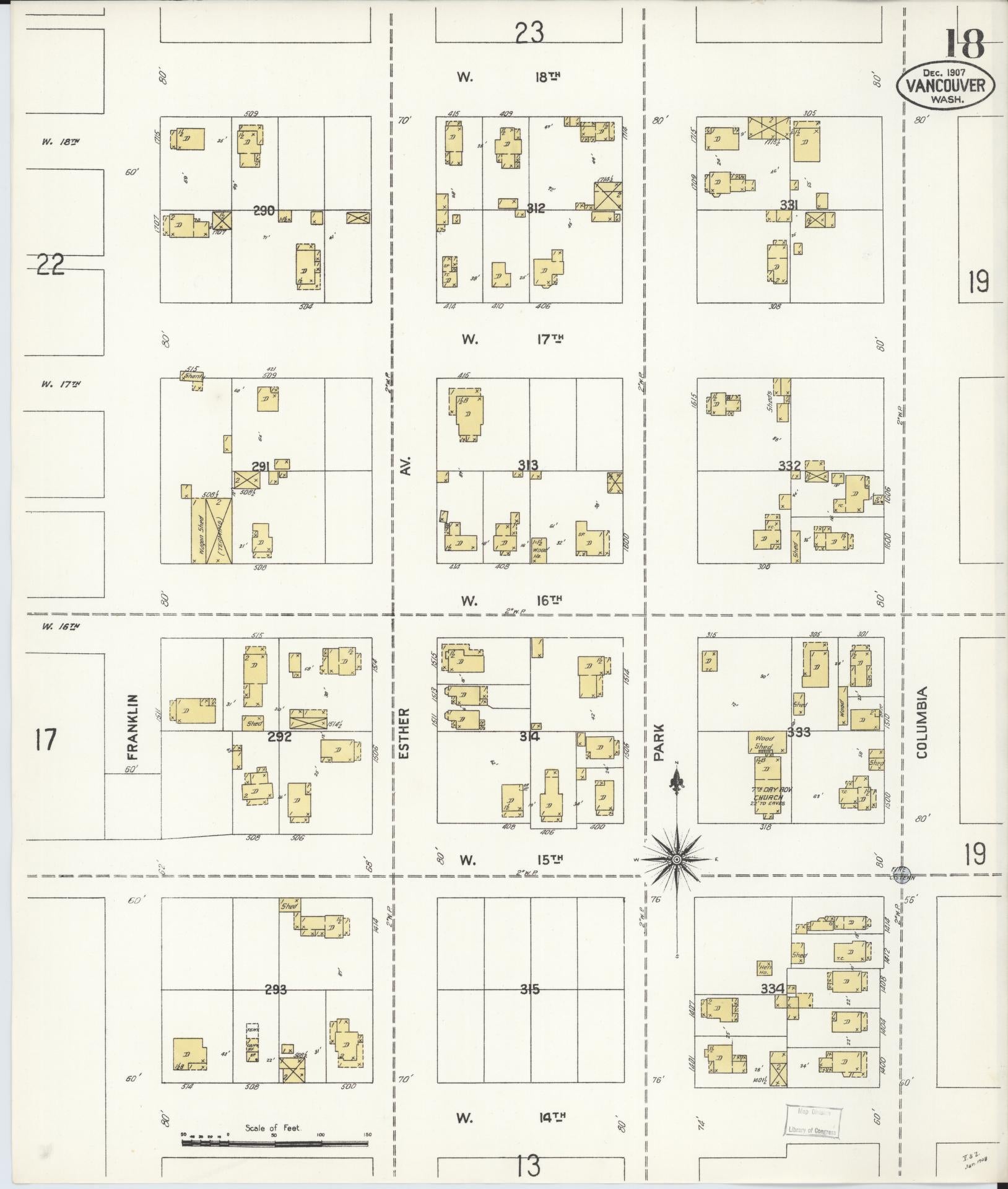 Sanborn Fire Insurance Map from Vancouver, Clark County, Washington (1907), Sheet #0018 - Complete Map Set gallery image, historic Sanborn map, vintage wall art, Washington Washington