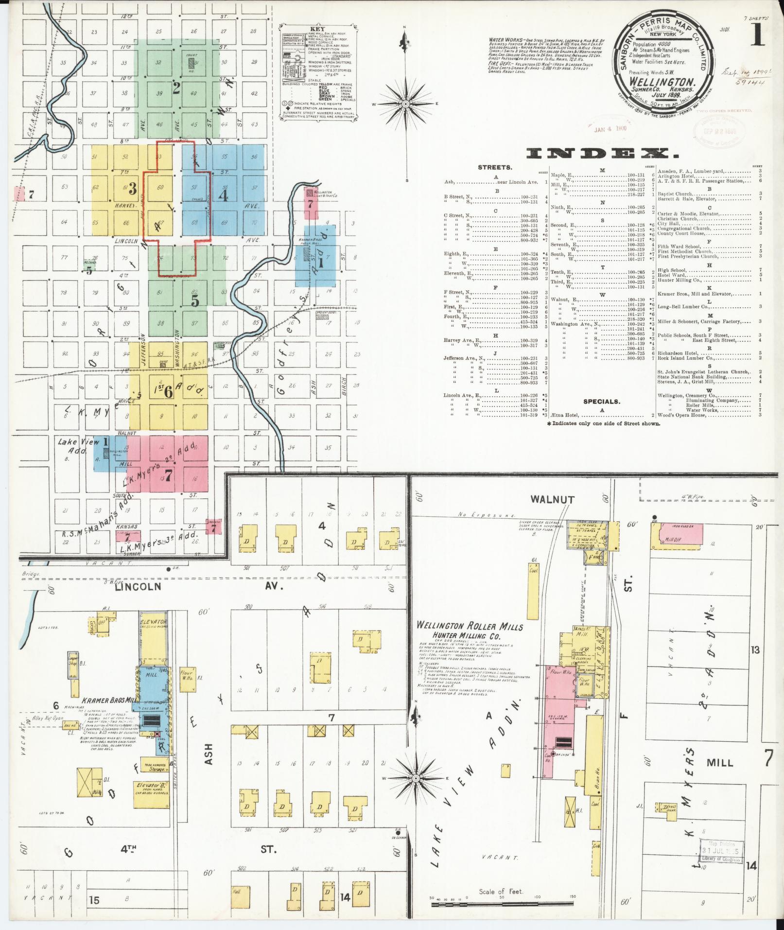 Sanborn Fire Insurance Map from Wellington, Sumner County, Kansas (1899), Sheet #0001 - Complete Map Set gallery image, historic Sanborn map, vintage wall art, Kansas Kansas
