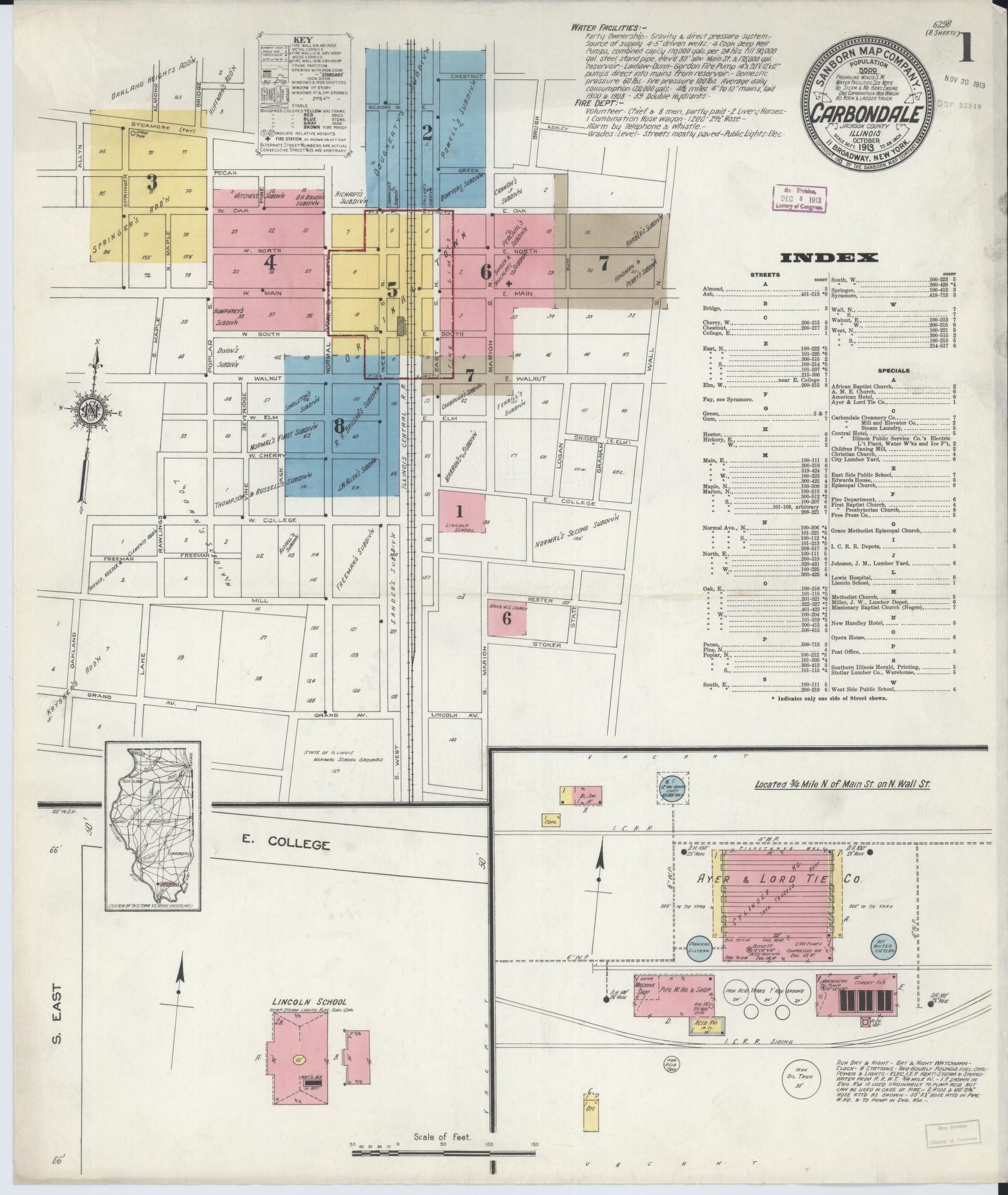 Sanborn Fire Insurance Map from Carbondale, Jackson County, Illinois (1913), Sheet #0001 - Complete Map Set gallery image, historic Sanborn map, vintage wall art, Illinois Illinois
