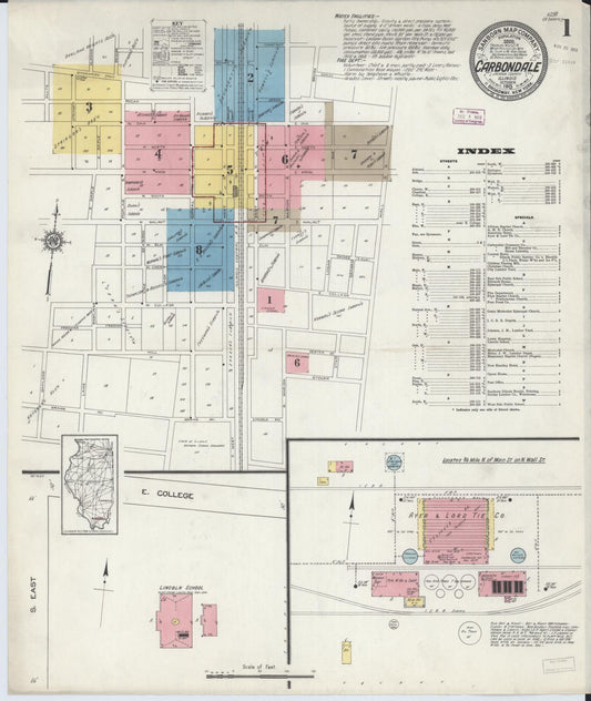 Sanborn Fire Insurance Map from Carbondale, Jackson County, Illinois (1913), Sheet #0001 - Complete Map Set gallery image, historic Sanborn map, vintage wall art, Illinois Illinois
