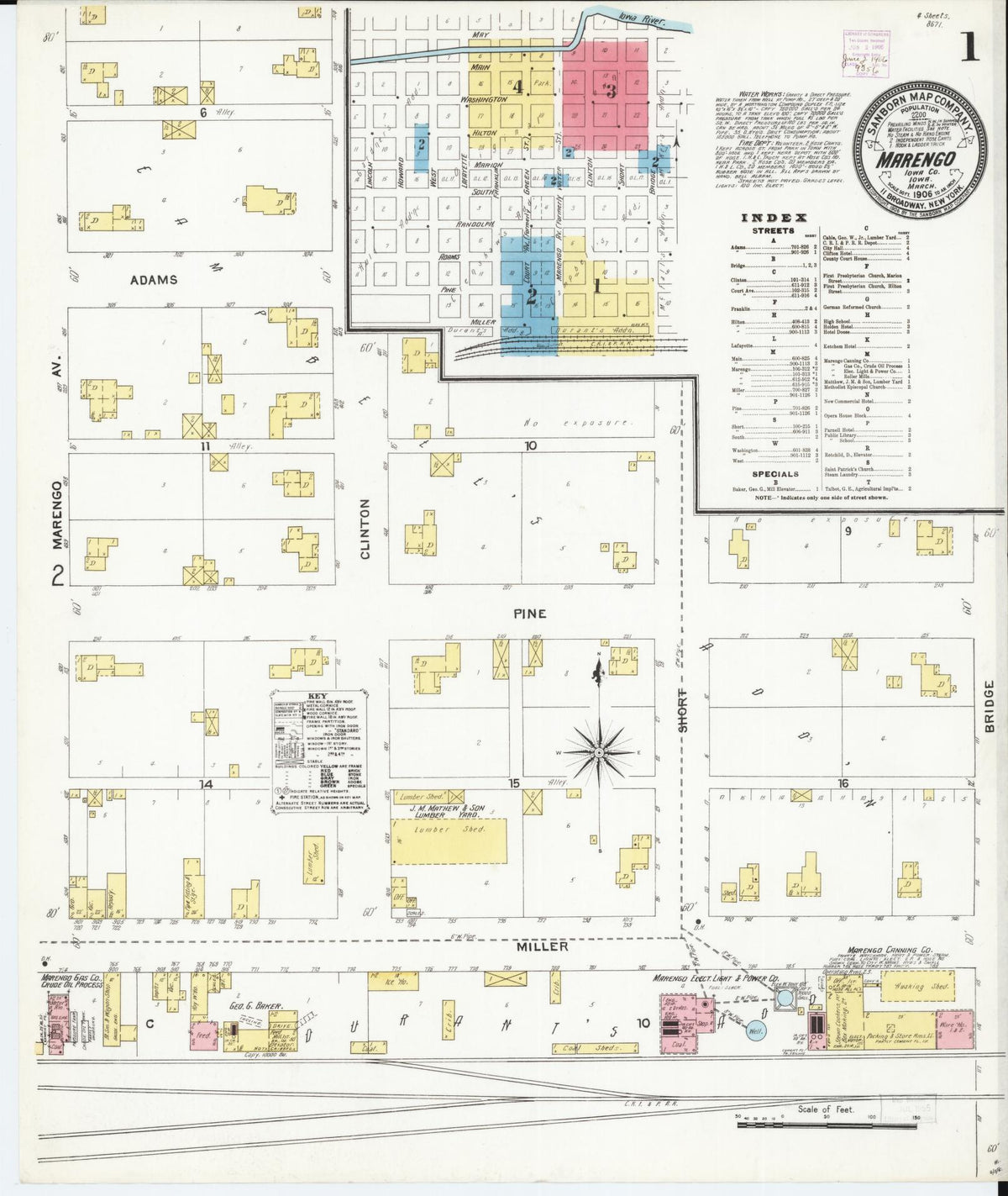 Sanborn Fire Insurance Map from Marengo, Iowa County, Iowa (1906), Sheet #0001 - Historic Sanborn Fire Insurance Map Print, vintage old map wall art