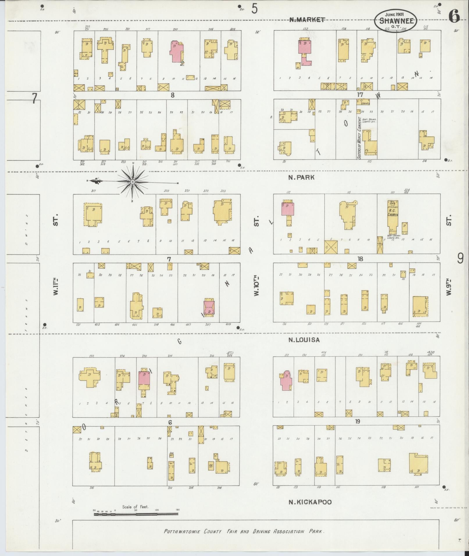Sanborn Fire Insurance Map from Shawnee, Pottawatomie County, Oklahoma (1901), Sheet #0006 - Complete Map Set gallery image, historic Sanborn map, vintage wall art, Oklahoma Oklahoma