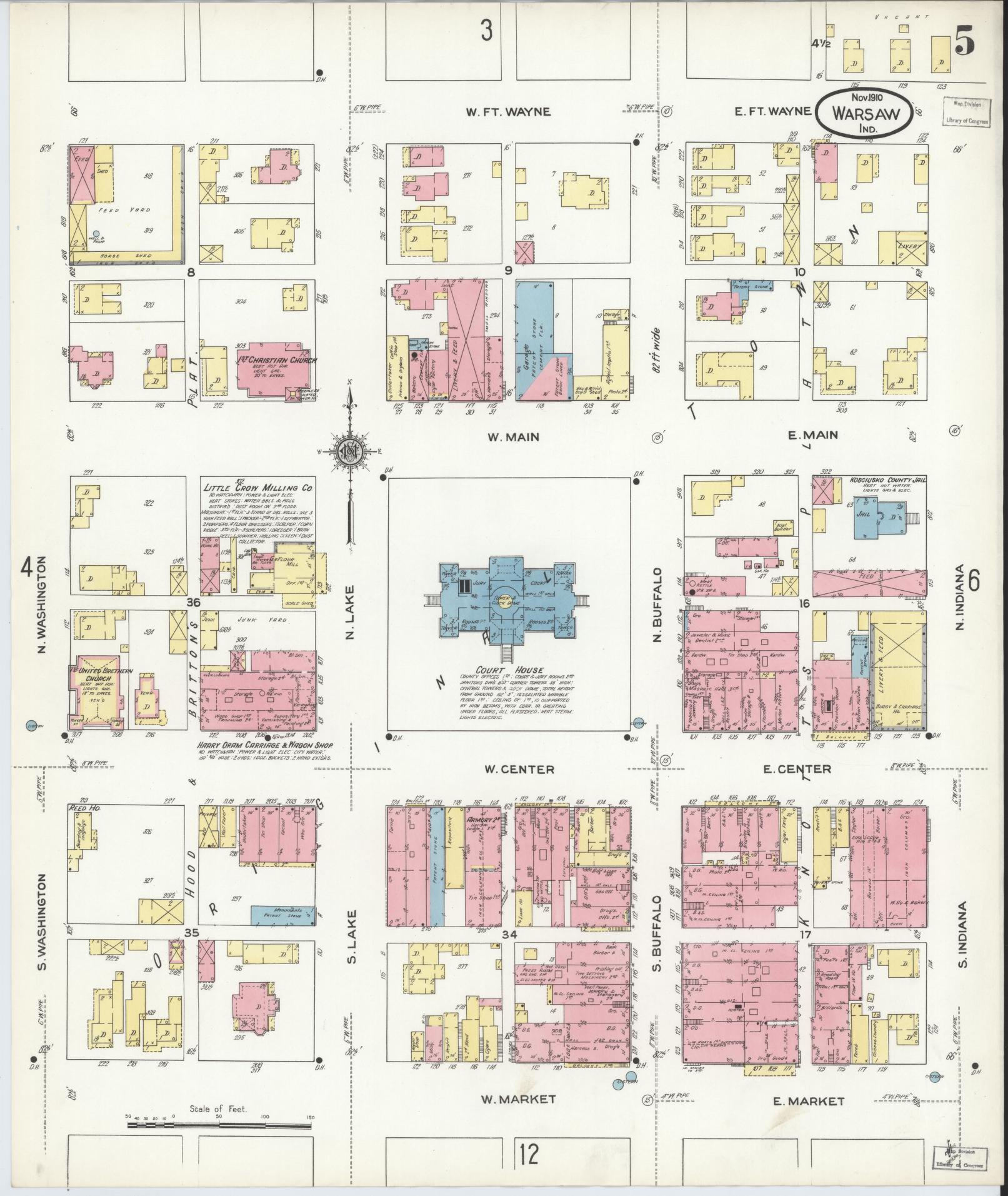 Sanborn Fire Insurance Map from Warsaw, Kosciusko County, Indiana (1910), Sheet #0005 - Complete Map Set gallery image, historic Sanborn map, vintage wall art, Indiana Indiana