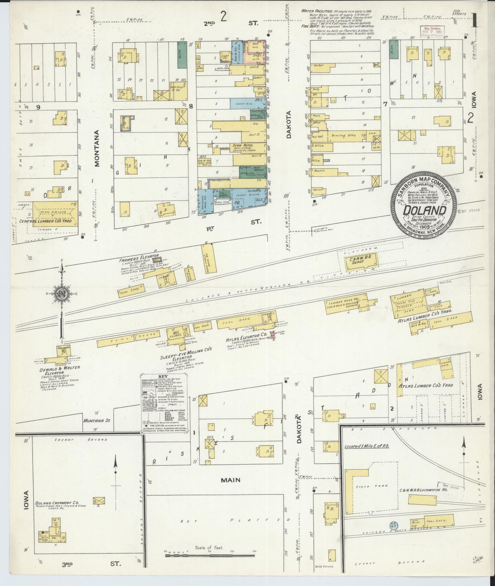 Sanborn Fire Insurance Map from Doland, Spink County, South Dakota (1909), Sheet #0001 - Complete Map Set gallery image, historic Sanborn map, vintage wall art, South Dakota South Dakota