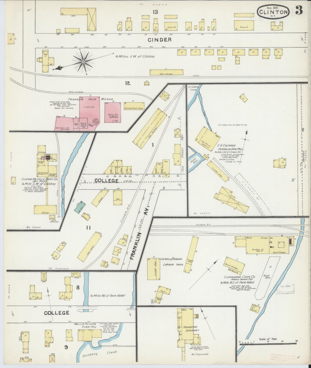 Sanborn Fire Insurance Map from Clinton, Oneida County, New York (1891), Sheet #0003 - Historic Sanborn Fire Insurance Map Print, vintage old map wall art, antique decor, genealogy gift, New York New York map