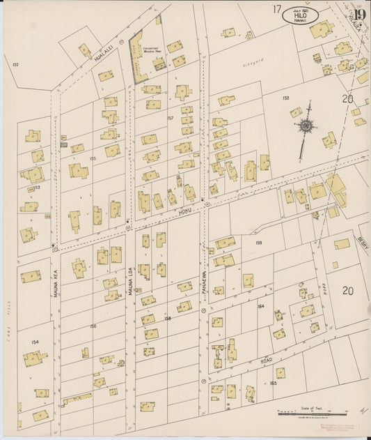Sanborn Fire Insurance Map from Hilo, Hawaii County, Hawaii (1921), Sheet #0019 - Historic Sanborn Fire Insurance Map Print, vintage old map wall art