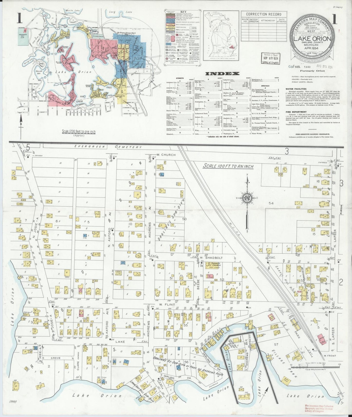 Sanborn Fire Insurance Map from Lake Orion, Oakland County, Michigan (1934), Sheet #0001 - Complete Map Set gallery image, historic Sanborn map, vintage wall art, Michigan Michigan