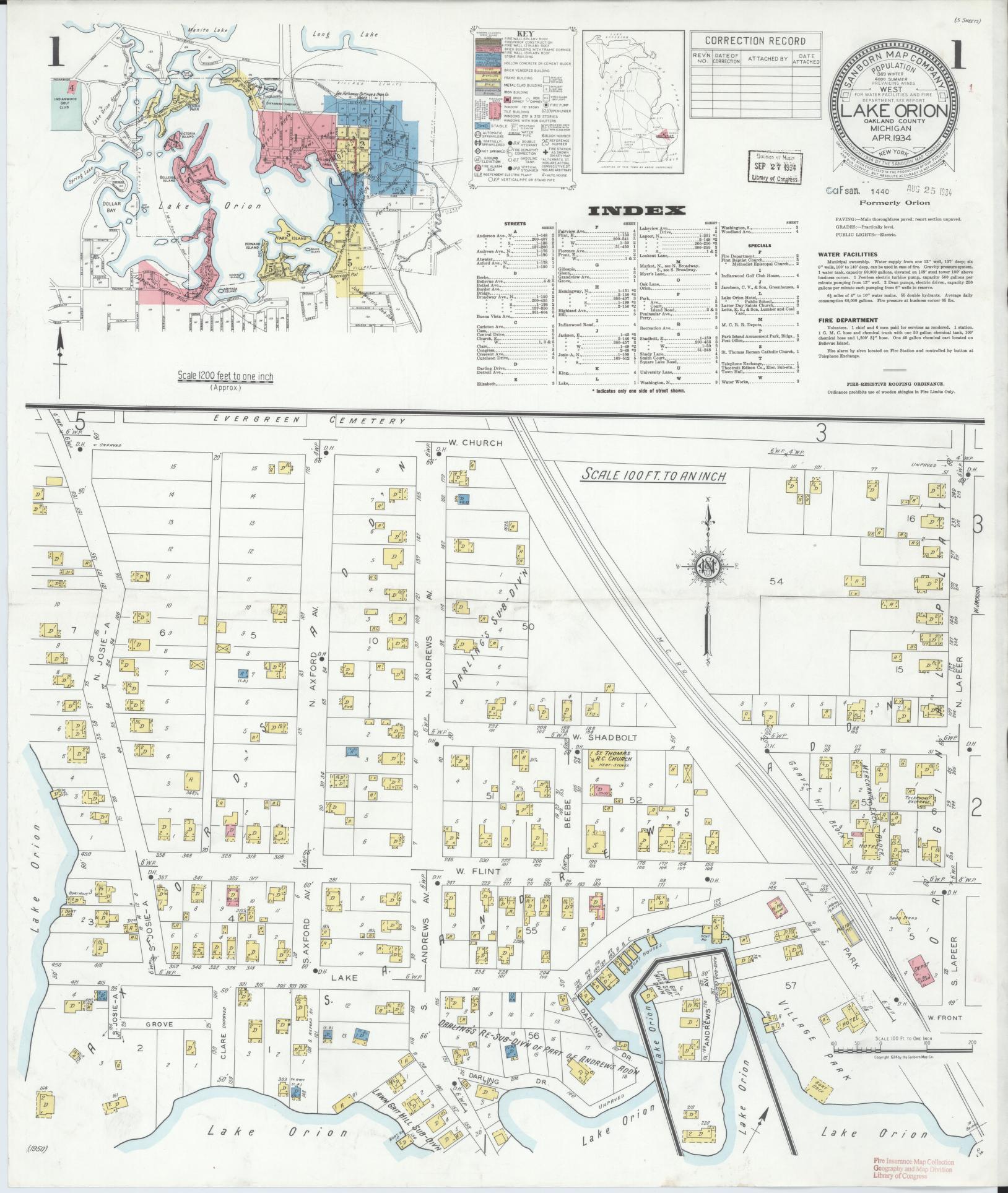 Sanborn Fire Insurance Map from Lake Orion, Oakland County, Michigan (1934), Sheet #0001 - Complete Map Set gallery image, historic Sanborn map, vintage wall art, Michigan Michigan