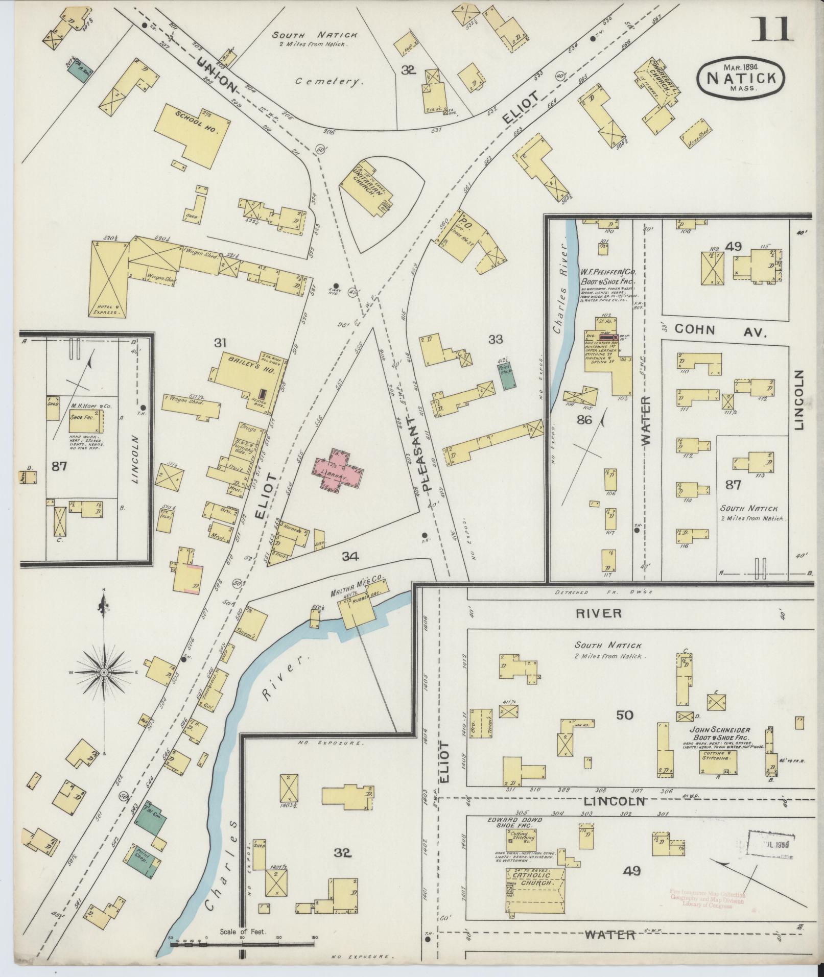 Sanborn Fire Insurance Map from Natick, Middlesex County, Massachusetts (1894), Sheet #0011 - Historic Sanborn Fire Insurance Map Print, vintage old map wall art, antique decor, genealogy gift, Massachusetts Massachusetts map