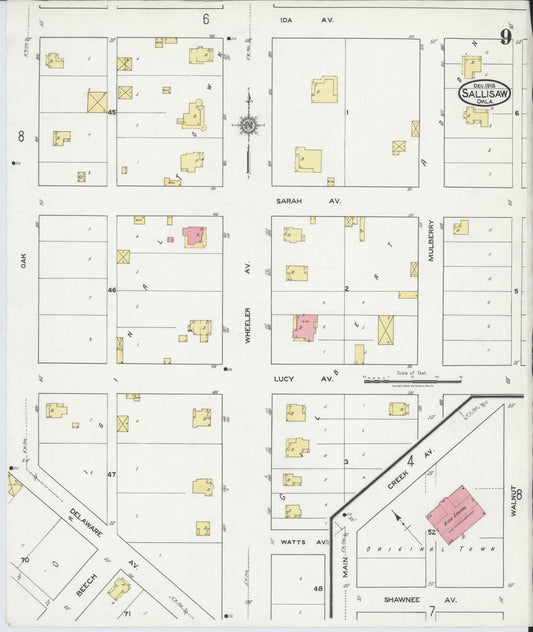 Sanborn Fire Insurance Map from Sallisaw, Sequoyah County, Oklahoma (1918), Sheet #0009 - Historic Sanborn Fire Insurance Map Print, vintage old map wall art, antique decor, genealogy gift, Oklahoma Oklahoma map