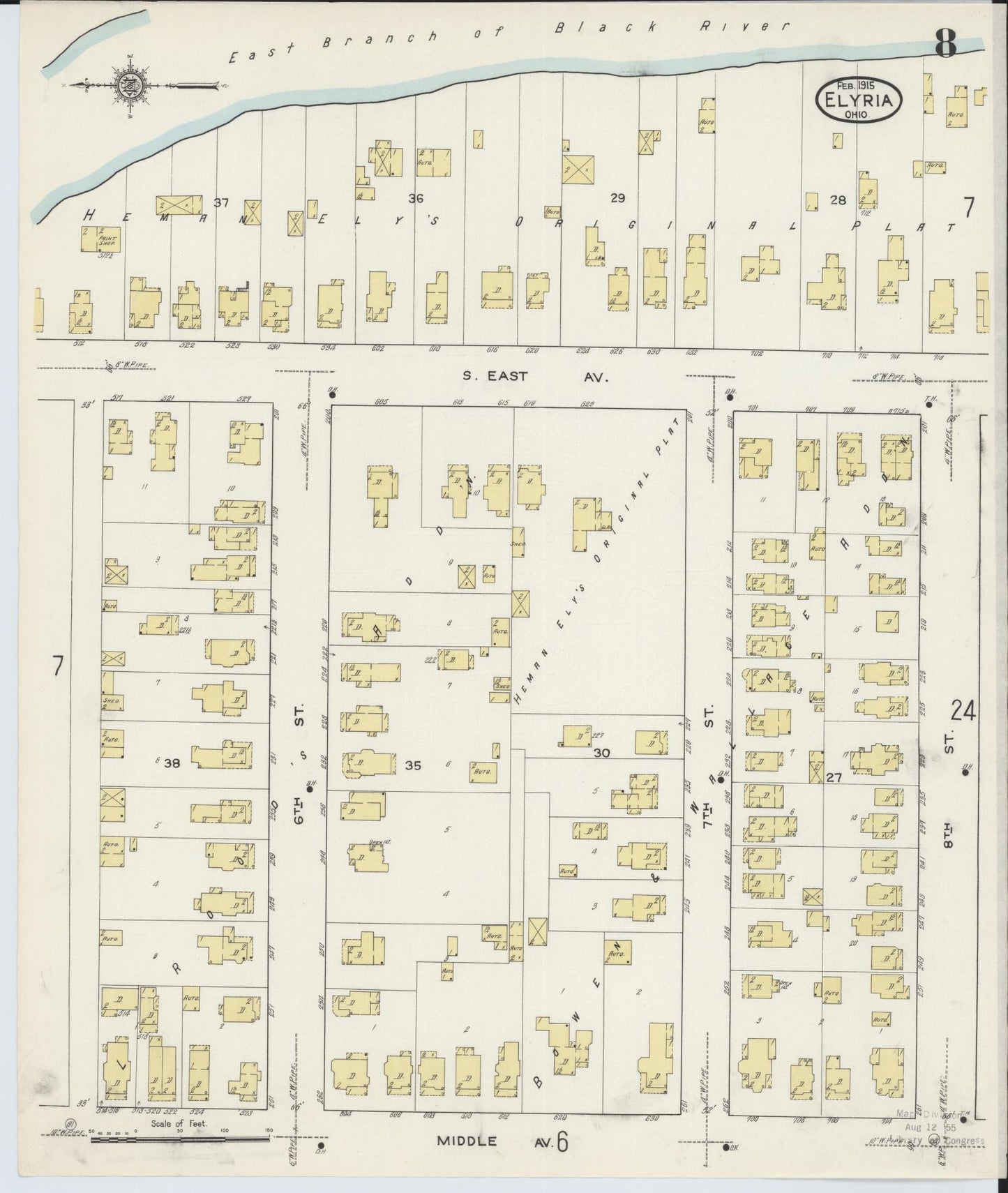 Sanborn Fire Insurance Map from Elyria, Lorain County, Ohio (1915), Sheet #0008 - Historic Sanborn Fire Insurance Map Print, vintage old map wall art, antique decor, genealogy gift, Ohio Ohio map
