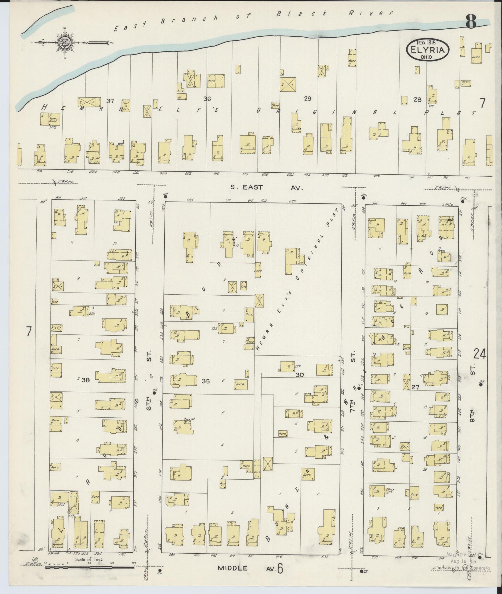 Sanborn Fire Insurance Map from Elyria, Lorain County, Ohio (1915), Sheet #0008 - Historic Sanborn Fire Insurance Map Print, vintage old map wall art, antique decor, genealogy gift, Ohio Ohio map
