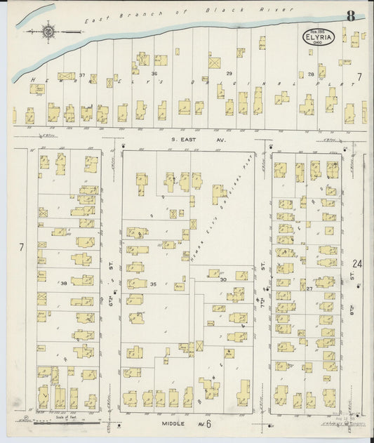 Sanborn Fire Insurance Map from Elyria, Lorain County, Ohio (1915), Sheet #0008 - Historic Sanborn Fire Insurance Map Print, vintage old map wall art, antique decor, genealogy gift, Ohio Ohio map