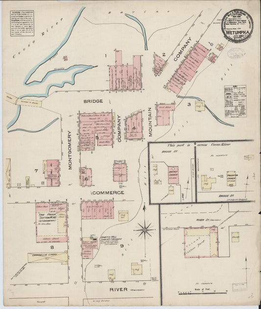 Sanborn Fire Insurance Map from Wetumpka, Elmore County, Alabama (1885), Sheet #0001 - Historic Sanborn Fire Insurance Map Print, vintage old map wall art, antique decor, genealogy gift, Alabama Alabama map