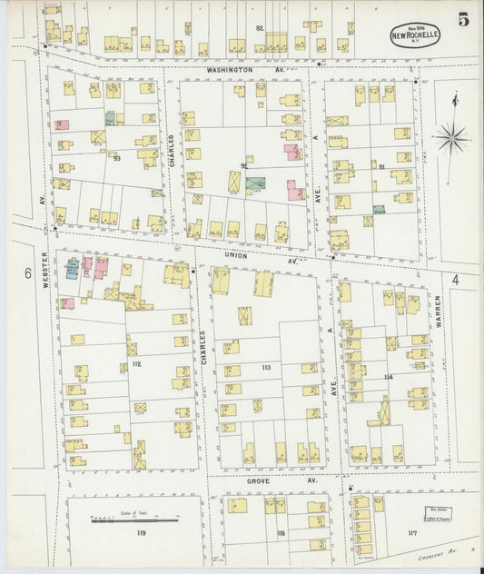 Sanborn Fire Insurance Map from New Rochelle, Westchester County, New York (1896), Sheet #0005 - Historic Sanborn Fire Insurance Map Print, vintage old map wall art, antique decor, genealogy gift, New York New York map