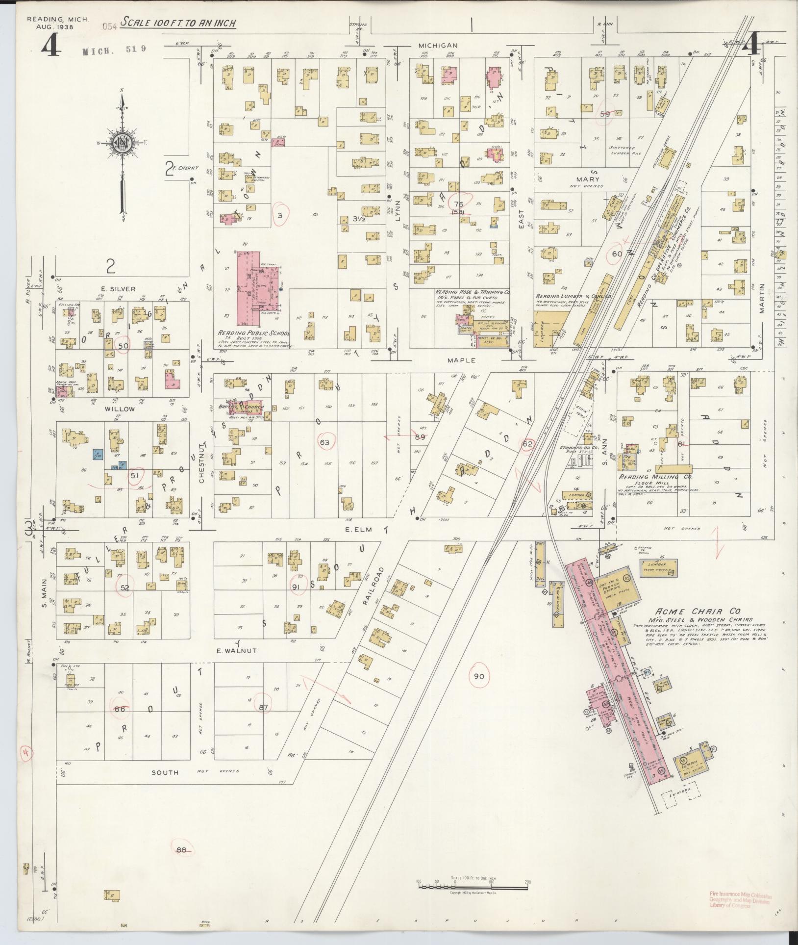 Sanborn Fire Insurance Map from Reading, Hillsdale County, Michigan (1938), Sheet #0004 - Complete Map Set gallery image, historic Sanborn map, vintage wall art, Michigan Michigan