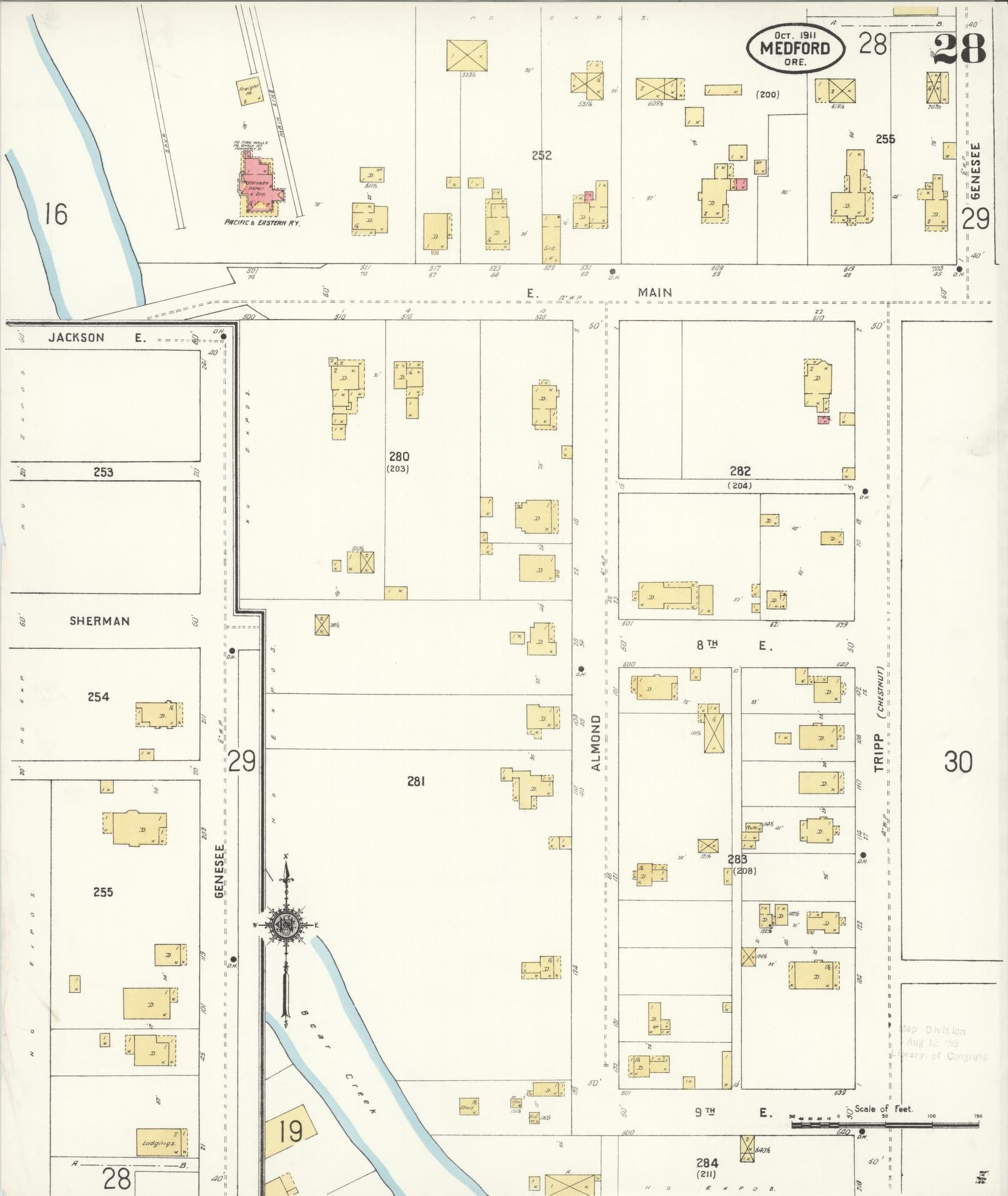 Sanborn Fire Insurance Map from Medford, Jackson County, Oregon (1911), Sheet #0028 - Historic Sanborn Fire Insurance Map Print, vintage old map wall art, antique decor, genealogy gift, Oregon Oregon map