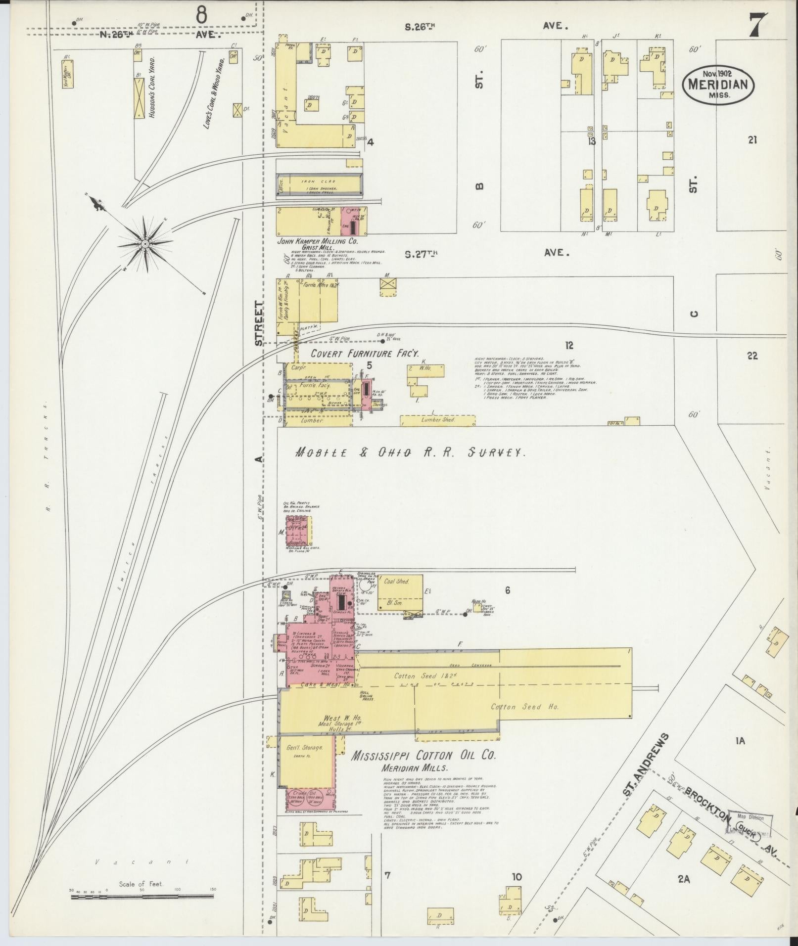 Sanborn Fire Insurance Map from Meridian, Lauderdale County, Mississippi (1902), Sheet #0007 - Historic Sanborn Fire Insurance Map Print, vintage old map wall art, antique decor, genealogy gift, Mississippi Mississippi map