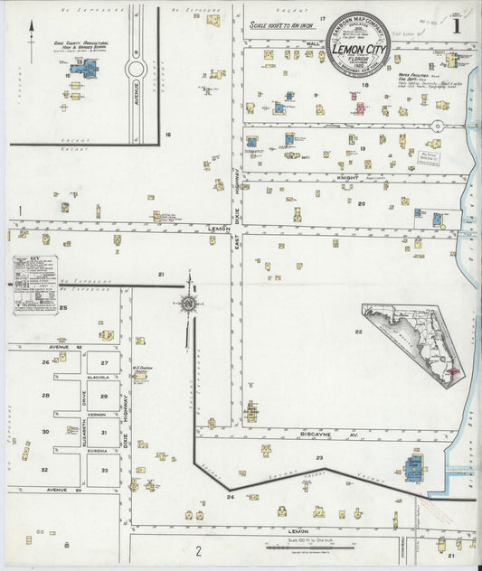 Sanborn Fire Insurance Map from Lemon City, Dade County, Florida (1920), Sheet #0001 - Complete Map Set gallery image, historic Sanborn map, vintage wall art, Florida Florida