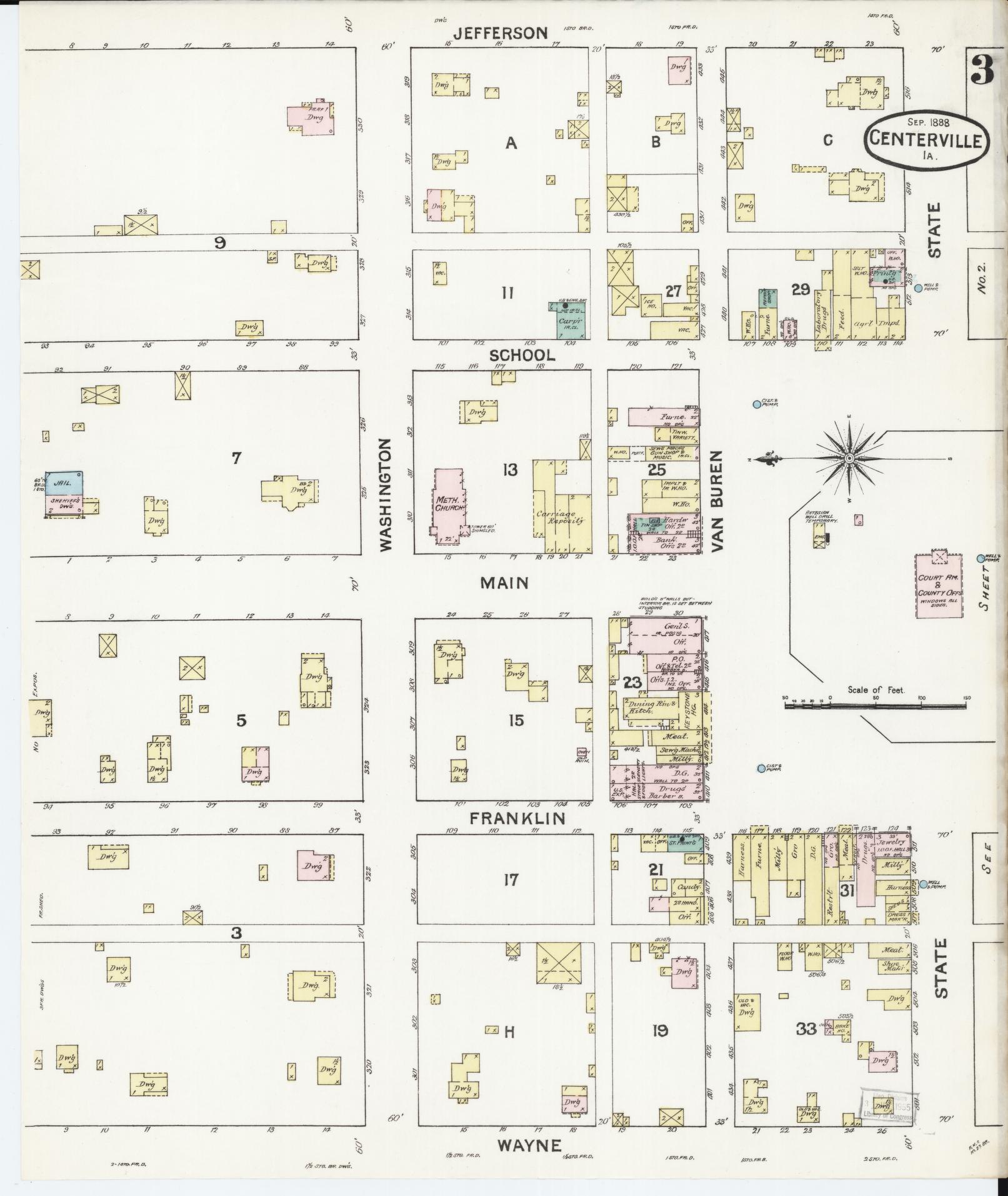 Sanborn Fire Insurance Map from Centerville, Appanoose County, Iowa (1888), Sheet #0003 - Historic Sanborn Fire Insurance Map Print, vintage old map wall art