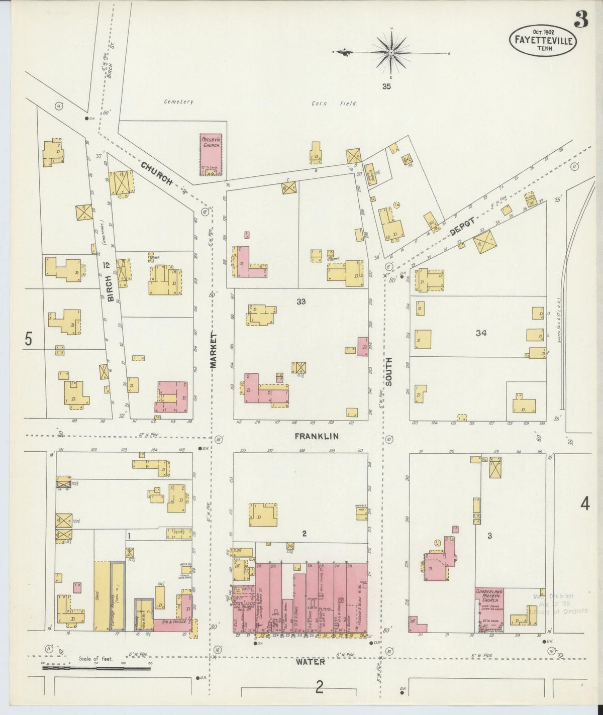 Sanborn Fire Insurance Map from Fayetteville, Lincoln County, Tennessee (1902), Sheet #0003 - Complete Map Set gallery image, historic Sanborn map, vintage wall art, Tennessee Tennessee