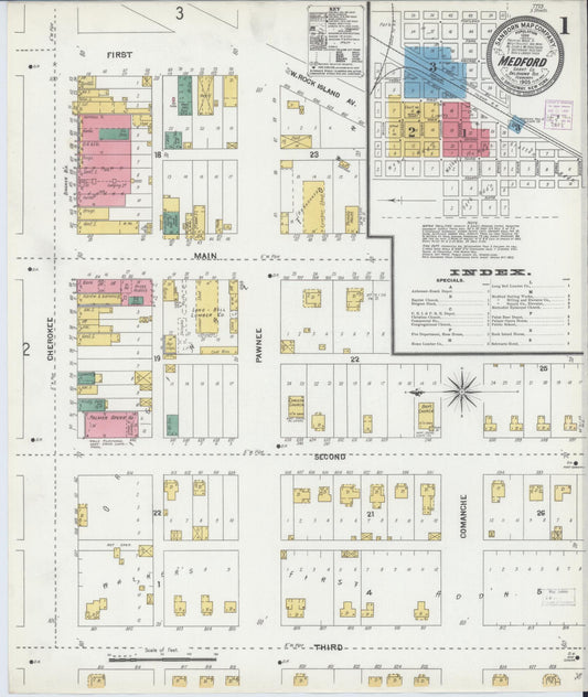 Sanborn Fire Insurance Map from Medford, Grant County, Oklahoma (1905), Sheet #0001 - Complete Map Set gallery image, historic Sanborn map, vintage wall art, Oklahoma Oklahoma