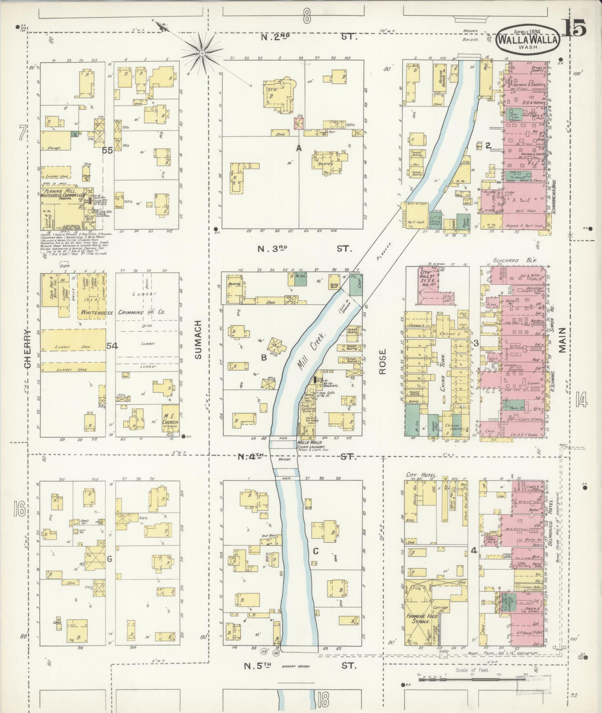 Sanborn Fire Insurance Map from Walla Walla, Walla Walla County, Washington (1894), Sheet #0015 - Historic Sanborn Fire Insurance Map Print, vintage old map wall art, antique decor, genealogy gift, Washington Washington map