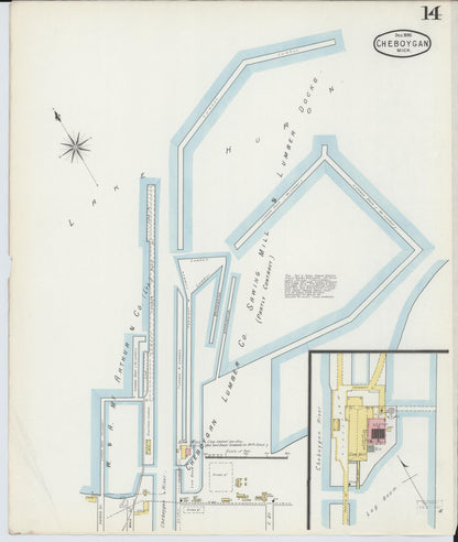 Sanborn Fire Insurance Map from Cheboygan, Cheboygan County, Michigan (1895), Sheet #0014 - Historic Sanborn Fire Insurance Map Print, vintage old map wall art, antique decor, genealogy gift, Michigan Michigan map