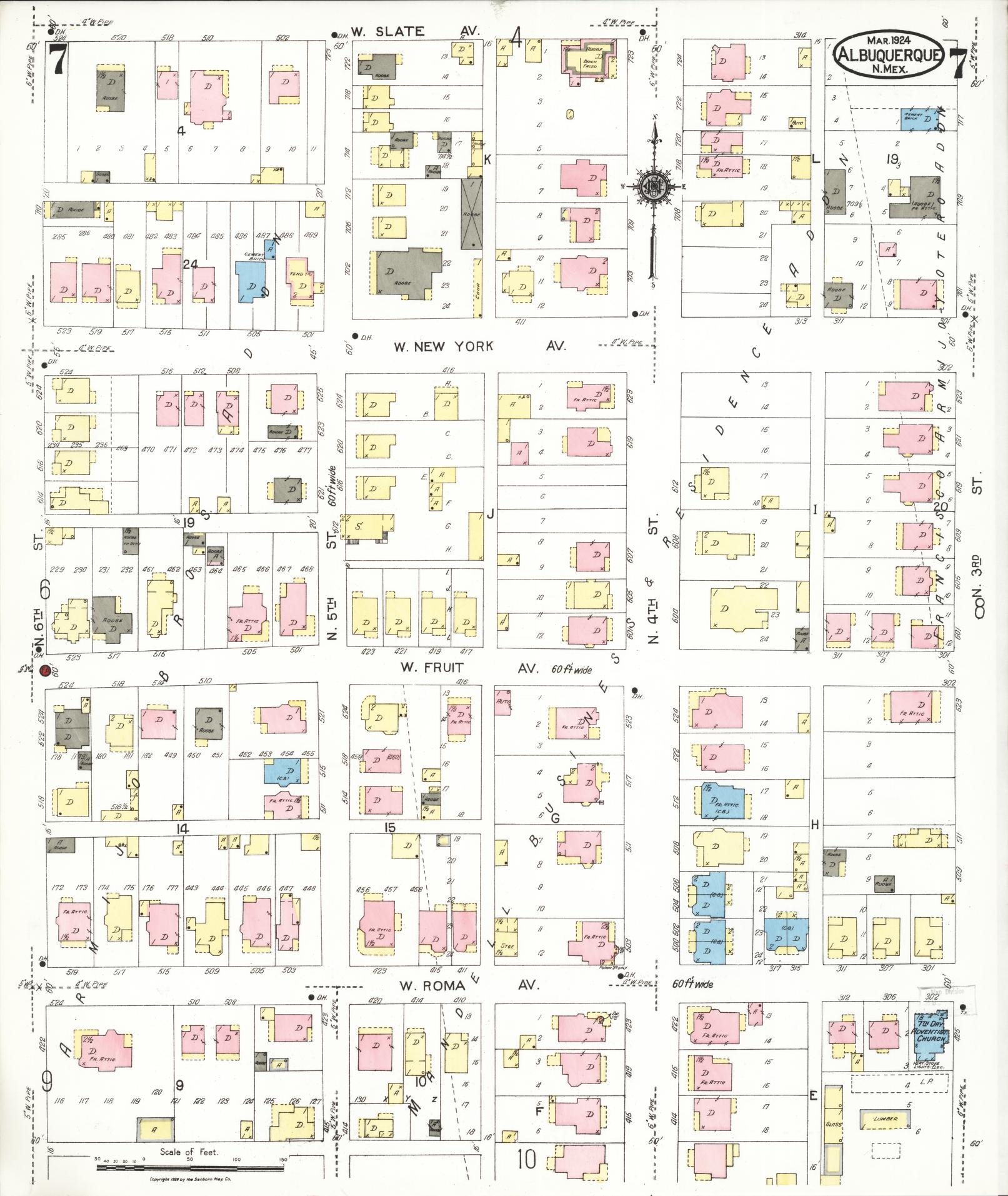 Sanborn Fire Insurance Map from Albuquerque, Bernalillo County, New Mexico (1924), Sheet #0007 - Historic Sanborn Fire Insurance Map Print, vintage old map wall art, antique decor, genealogy gift, New Mexico New Mexico map