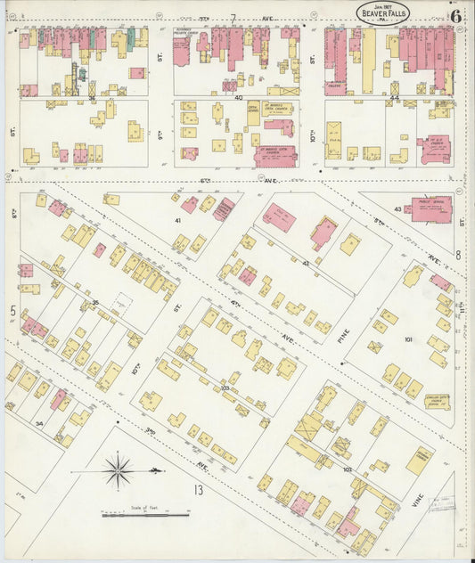 Sanborn Fire Insurance Map from Beaver Falls, Beaver County, Pennsylvania (1907), Sheet #0006 - Historic Sanborn Fire Insurance Map Print, vintage old map wall art, antique decor, genealogy gift, Pennsylvania Pennsylvania map