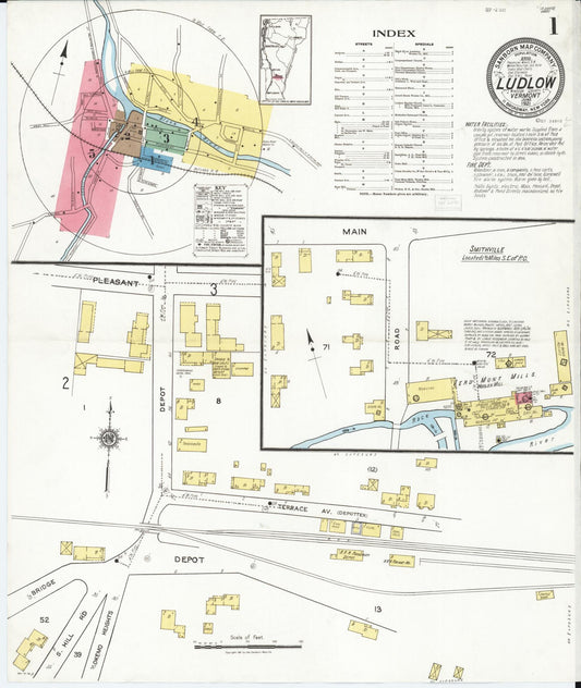 Sanborn Fire Insurance Map from Ludlow, Windsor County, Vermont (1921), Sheet #0001 - Historic Sanborn Fire Insurance Map Print, vintage old map wall art, antique decor, genealogy gift, Vermont Vermont map