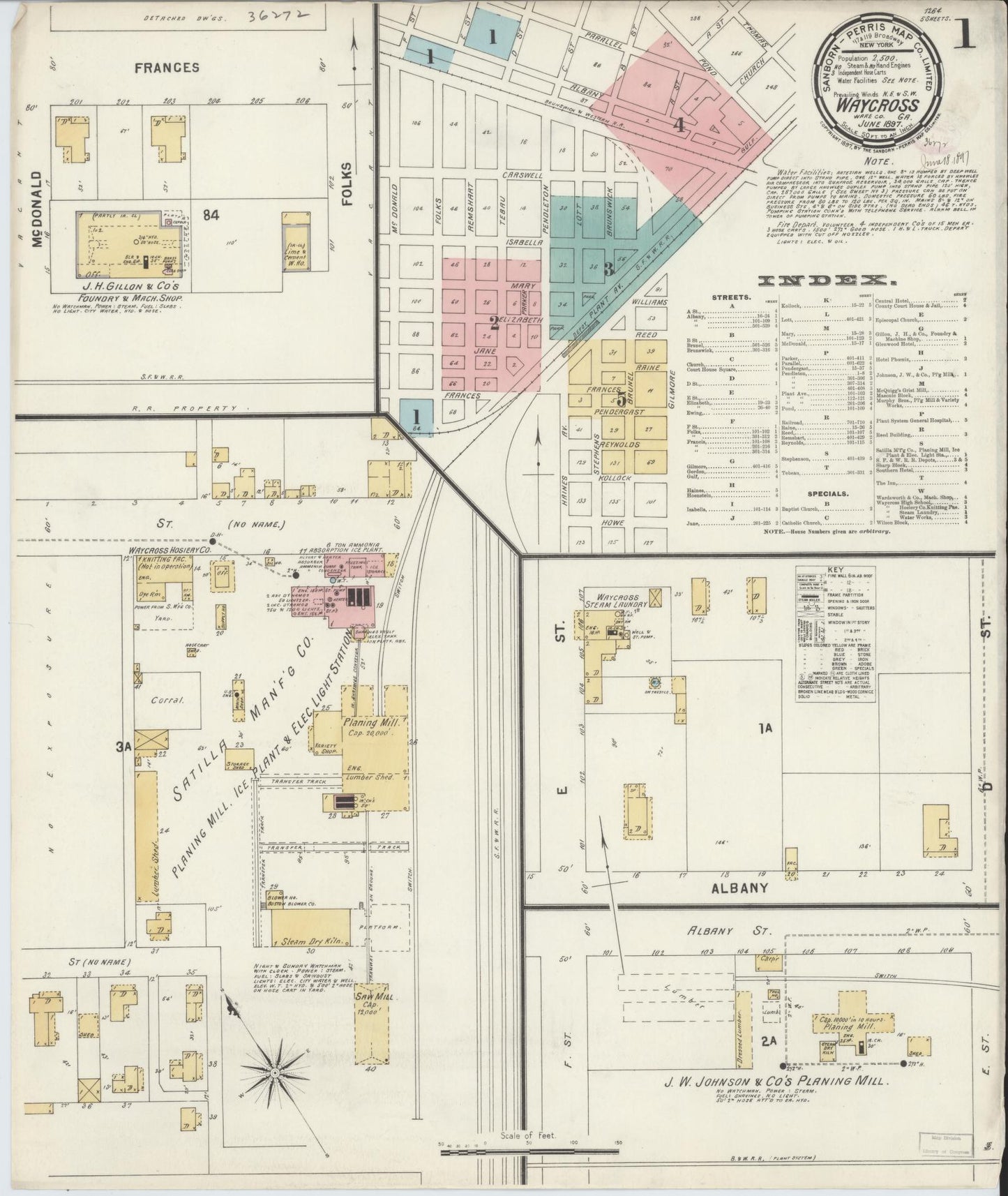 Sanborn Fire Insurance Map from Waycross, Ware County, Georgia (1897), Sheet #0001 - Complete Map Set gallery image, historic Sanborn map, vintage wall art, Georgia Georgia